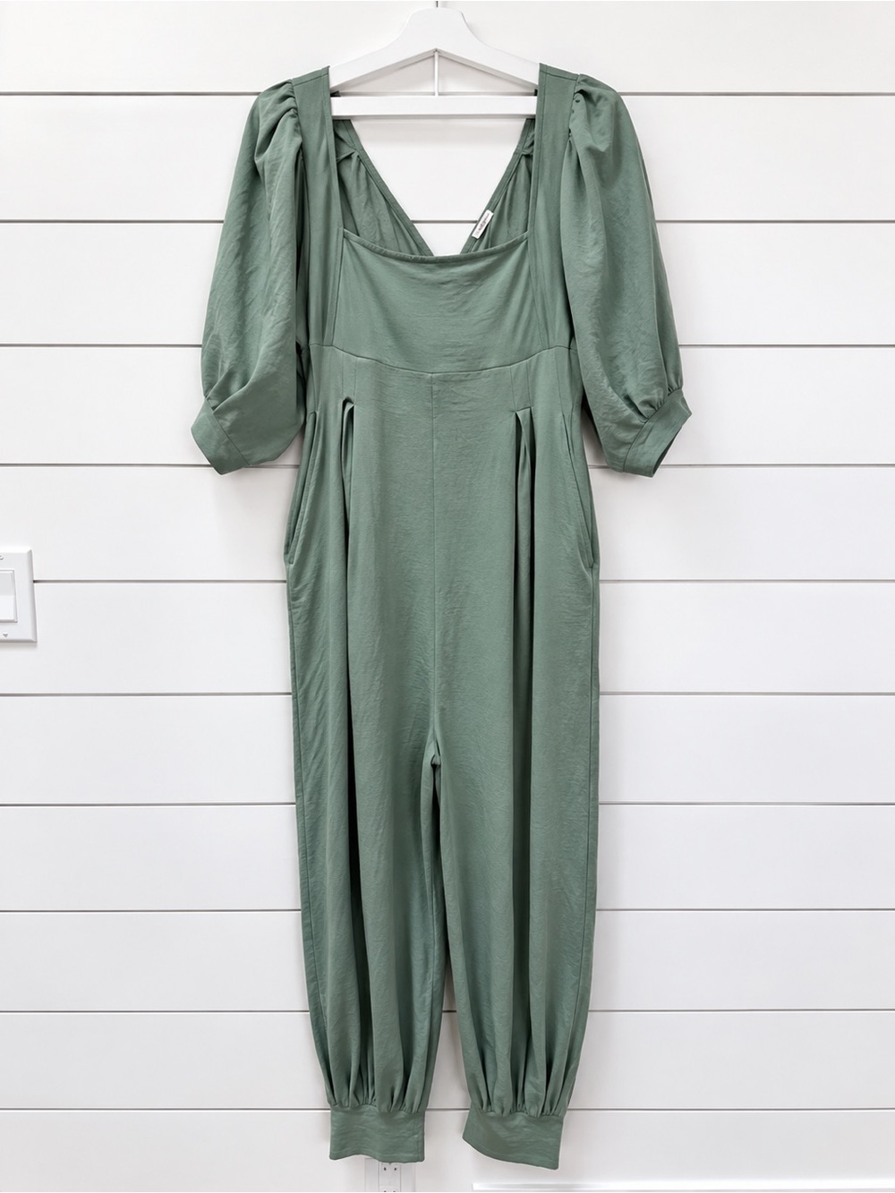 Free People Lotta Love Sage Green Puff Sleeve Jumpsuit Romper XS Cotton
